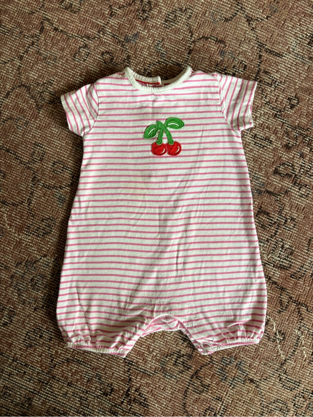Baby Boden Pink & White Striped Baby Romper with Cherry Appliqué